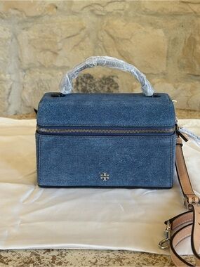 Tory Burch Denim Mini Top-Handle Box Bag with Detachable Strap